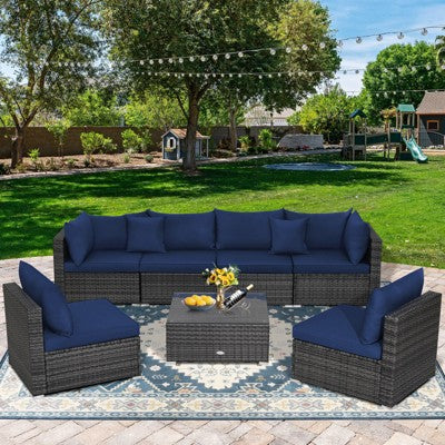 Navy Seven Piece Rattan Sectional Set with Cushions