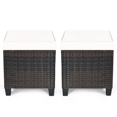 Beige Cushioned Rattan Footstools Pair for Patio Lounge