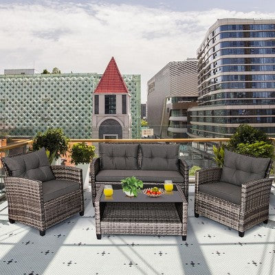 Grey Rattan Four Piece Sofa Set with Table