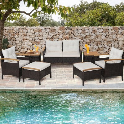 Seven Piece Rattan Lounge Set with Loveseat