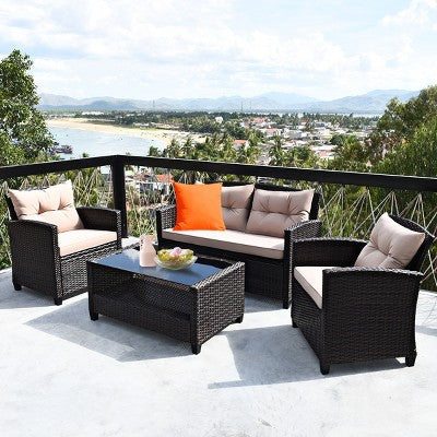Four Piece Rattan Lounge Set with Armrest Table