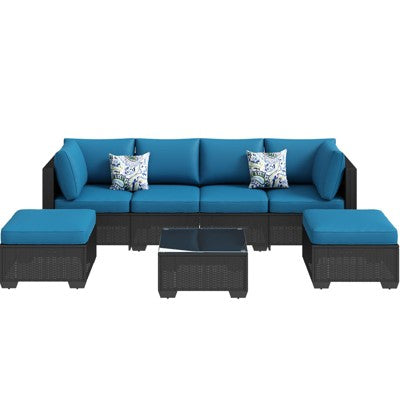 Seven Piece Black Wicker Set with Square Glass Table