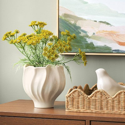 Cream Ceramic Planter with Sculpted Leaf Relief Pattern