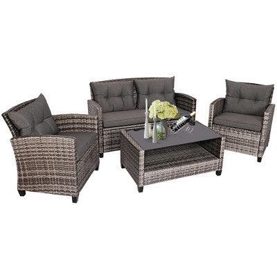 Grey Rattan Four Piece Sofa Set with Table