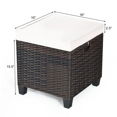 Beige Cushioned Rattan Footstools Pair for Patio Lounge