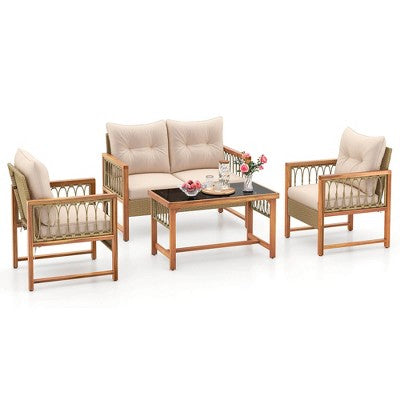 Four Piece Wood Frame Patio Set with Cushions