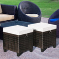 Beige Cushioned Rattan Footstools Pair for Patio Lounge