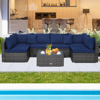 Navy Seven Piece Rattan Sectional Set with Cushions
