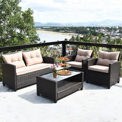 Four Piece Rattan Lounge Set with Armrest Table