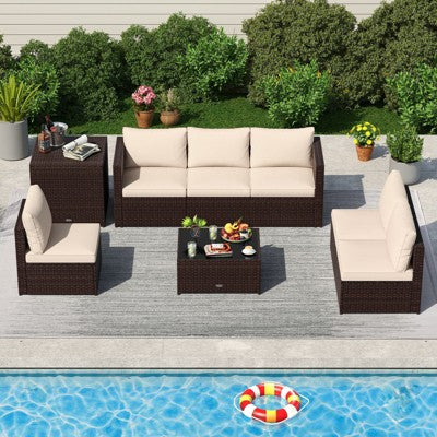 Eight Piece Patio Set with Storage and Glass Table